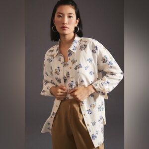 Anthropologie Floral Button-Up Blouse - White and Blue